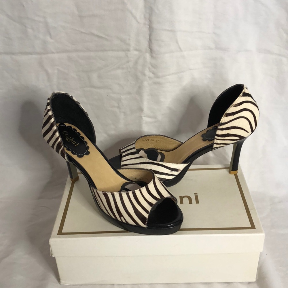 Cochni zebra faux fur peep toe heels